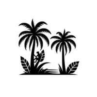 Monochrome tropical silhouette featuring two palm trees, a monkey climbing one, and stylized foliage, creating a simple yet inviting island scene. vector