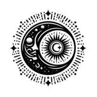 Celestial Embrace A symmetrical illustration of the sun and moon intertwined with a starry background, within a circular dotted frame. vector