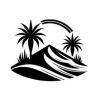Stylized Black and White Desert Landscape with Palm Trees, Sand Dune, and a Subtle Arch, Minimalist Design. vector
