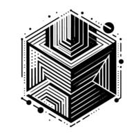 Geometric Isometric Cube with Lines and Shapes, Black and White Abstract Design, Minimalist Aesthetic, DotConnected Framework. vector