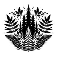 Symmetrical Black and White Forest Illustration with Ferns and Evergreen Trees in a Circular Composition. vector