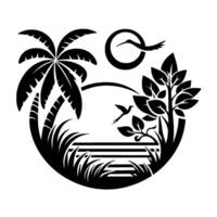 Black and White Silhouette Tropical Paradise Scene Inside a Circle, with Palm Tree, Bird, Sunset, and Foliage. vector