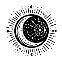 Celestial Illustration of a Crescent Moon, Sunburst, and Starry Sky within a Dotted Outline, rendered in Black and White. vector