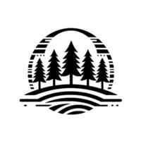 Minimalist Black and White Emblem Silhouette of Evergreen Trees on a Hill within a Striped Oval Frame, Nature Illustration. vector