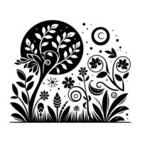 Stylized black and white floral illustration with a central tree silhouette against a full moon, surrounded by various flowers and decorative elements, creating a balanced, whimsical composition. vector