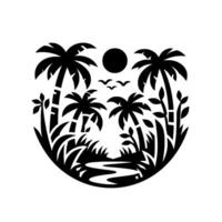 A silhouetted tropical scene features a lush island with palm trees, vegetation, a river, a sun, and birds, all arranged within a circular composition. vector