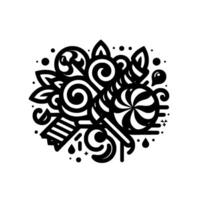 Whimsical Black and White Candy and Decorative Elements Composition Featuring Swirls, Lollipops, and Abstract Shapes. vector