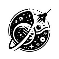 Black and white minimalist space illustration featuring a planet with rings, stars, planets, dots and a rocket ship launching into the cosmos. vector