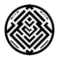 Intricate black geometric abstract within a circle, reminiscent of a maze or puzzle, centered on a stark white background. vector