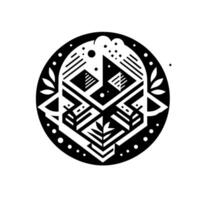 Geometric Black and White Emblem with Angular Shapes, Leaves, and Circular Frame, Minimalist Abstract Art. vector