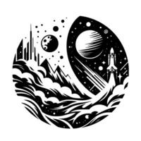 Circular Monochrome Illustration A Space Shuttle Launching Amidst Mountains, City, and Celestial Bodies. vector