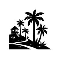 Black and white silhouette of a tropical island scene with a hut, winding path, and multiple palm trees on a grassy hill against white. vector