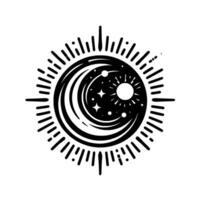 Black and white celestial emblem featuring the moon, sun, and stars, set within a radiant circular burst. vector