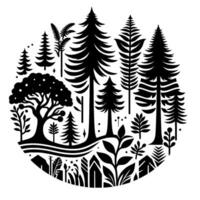 Black and White Forest Silhouette in a Circle, Showing a Variety of Trees, Plants and Bushes, Artistic Illustration. vector