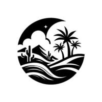 Stylized black and white desert oasis scene with mountains, cacti, palm trees, and a crescent mooncloudfilled sky within a circular frame. vector