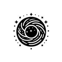 A Stylized Black and White Cosmic Illustration Depicting a Swirling Galaxy Surrounded by Stars and Celestial Orbs, Minimalist Aesthetic. vector