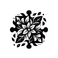 Stylized monochrome floral emblem, featuring a central flower and symmetrical leaf patterns enclosed within a jigsawpuzzleshaped border. vector