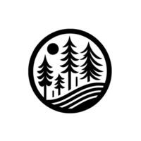 Stylized minimalist emblem of a circular landscape showcasing pine trees, a sun, and rolling hills, rendered in bold black and white. vector