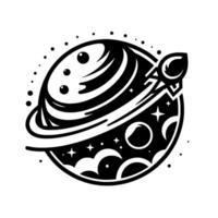 Black and White Illustration of a Stylized Planet with Rings, Stars, Moons, and a Rocket Ship in Orbit, in a Modern Design. vector