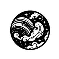 Cosmic Crest A black and white minimalist illustration of a stylized celestial ocean scene, featuring a striped planet and waves within a circular frame of stars. vector