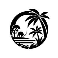 Minimalist Silhouette of Elephant and Tropical Palm Trees Within a Circular Frame, Representing a Sunny Paradise vector