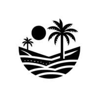 Stylized blackandwhite emblem depicting a tropical scene within a semicircular frame, featuring palm trees, rolling hills, sun and a road. vector