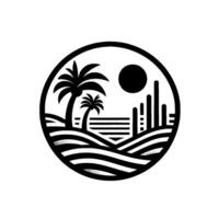 Circular Monochrome Illustration of a Tropical Beach Scene Featuring Palm Trees, a Sunset, and a Cityscape Silhouette. vector