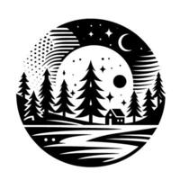 Stylized Black and White Circular Illustration of a Serene Night Scene with Moon, Stars, Trees, a Cabin, and Flowing Water. vector