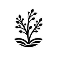 Minimalist Black and White Botanical Illustration Featuring a Stylized Plant with Berries and Leafy Branches Emerging from a Simplified Landscape Motif. vector