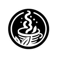 Black and white minimalist of a steaming teacup with leaves and steam swirling within a circular frame, evoking tranquility. vector