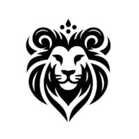 Bold, Symmetrical Black and White Lion Head with Ornamental Mane and Crown Elements on Clean White Background. vector
