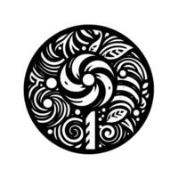 Stylized Black and White Circular Illustration of a Swirling Lollipop Surrounded by Decorative Leafy and Swirl Patterns. vector