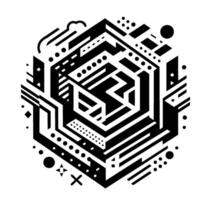 Geometric Black and White Hexagonal Composition with Mazelike Interior and Abstract Details vector