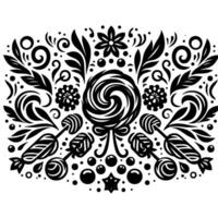 A symmetrical black and white illustration featuring a central lollipop surrounded by stylized floral and candy elements in a decorative pattern. vector