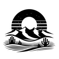 Silhouette of a desert landscape under a stylized night sky. Features mountains, cacti, and a moonlike arc, all in stark black and white. vector