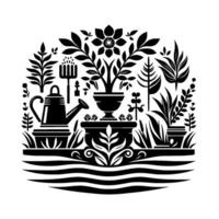 A Black and White Floral Arrangement Illustration Featuring Pots, Plants, Watering Can, and a GardenThemed Composition within a Circular Frame. vector