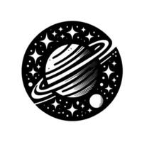 Stylized Black and White Illustration of Saturn and a Moon Surrounded by Stars within a Circular Frame. vector