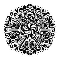 Intricate monochrome mandala featuring stylized lollipops, floral elements, and swirling patterns arranged symmetrically. vector