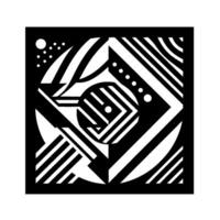 Geometric Black and White Composition Abstract, Modern with Circles, Lines, and Starlike Elements in a Square Frame. vector
