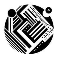 Geometric Black and White Composition Abstract Circular with Lines, Dots, and Shapes, set against a white backdrop. vector