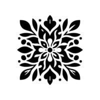 Symmetrical Black Floral on White Background with Leafy Elements and Dots, Patterned Square vector