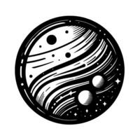 Intricate Black and White Illustration of a Celestial Body with Rings, Moons, Stars, and a Circular Frame, Cosmic Design. vector