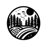 Circular black and white minimalist landscape with stylized trees, fields, sun, clouds and dots suggesting stars, illustrating natures serenity. vector