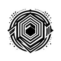 Intricate Black and White Geometric Mandala with Hexagonal Core, Circular Frame, and Dot Accents on White Background. vector