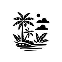 Black and white minimalist island scene featuring stylized palm trees, clouds, sun, and ocean waves in a circular composition. vector