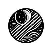Black and White Circular of the Moon, Stars, and Sea with Diagonal Stripes and a Wave Motif. vector