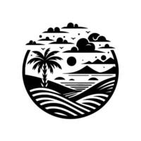 Monochrome tropical beach scene illustration in a circular frame, depicting palm tree, stylized clouds, mountains, sun over the ocean waves. vector