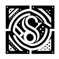Bold black and white geometric monogram, stylized S inside a square frame with dots, lines, and patterned segments, minimalist and striking design. vector