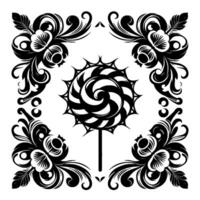Symmetrical Black and White with Swirling Lollipop Center and Floral Corner Motifs on a White Background. vector