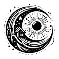 A celestial, stylized illustration showcasing a house nestled within a moonlit crescent, surrounded by stars and a radiating sun, all enclosed in a cosmic circle. vector